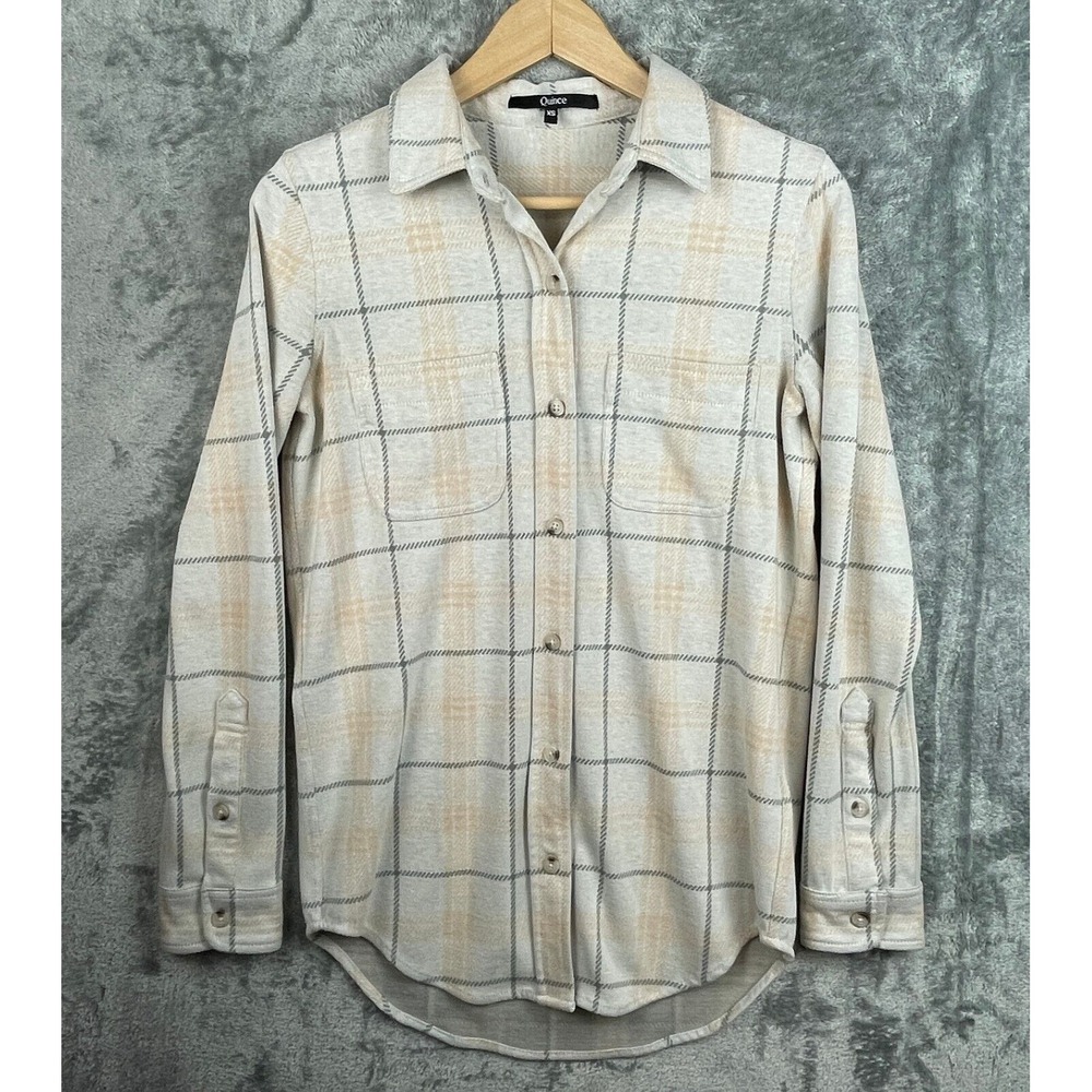 Quince Button Up Shirt Womens XS Gray Peach Plaid Top Long Sleeve Fleece Flannel